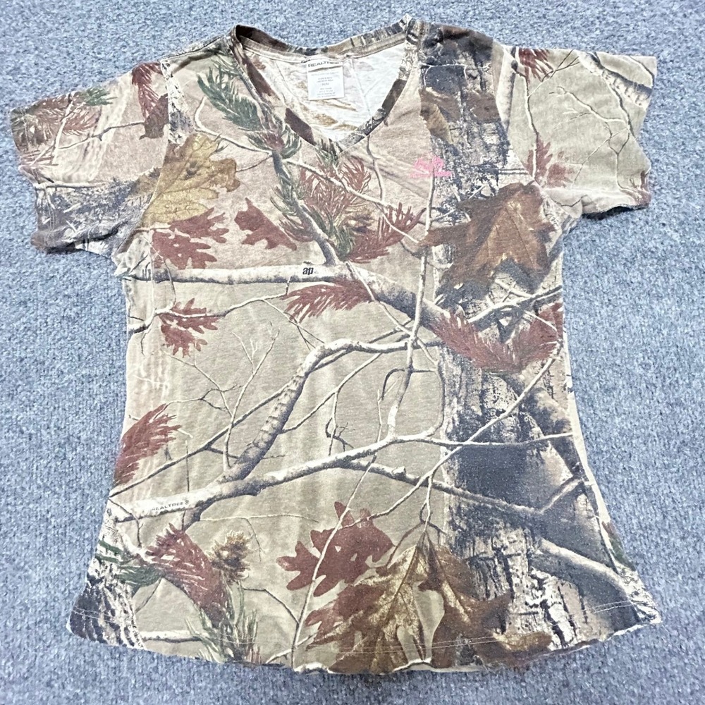 Realtree T-Shirt Womens Size M Brown Camo AP V-Neck Short Sleeve Outdoor Top
